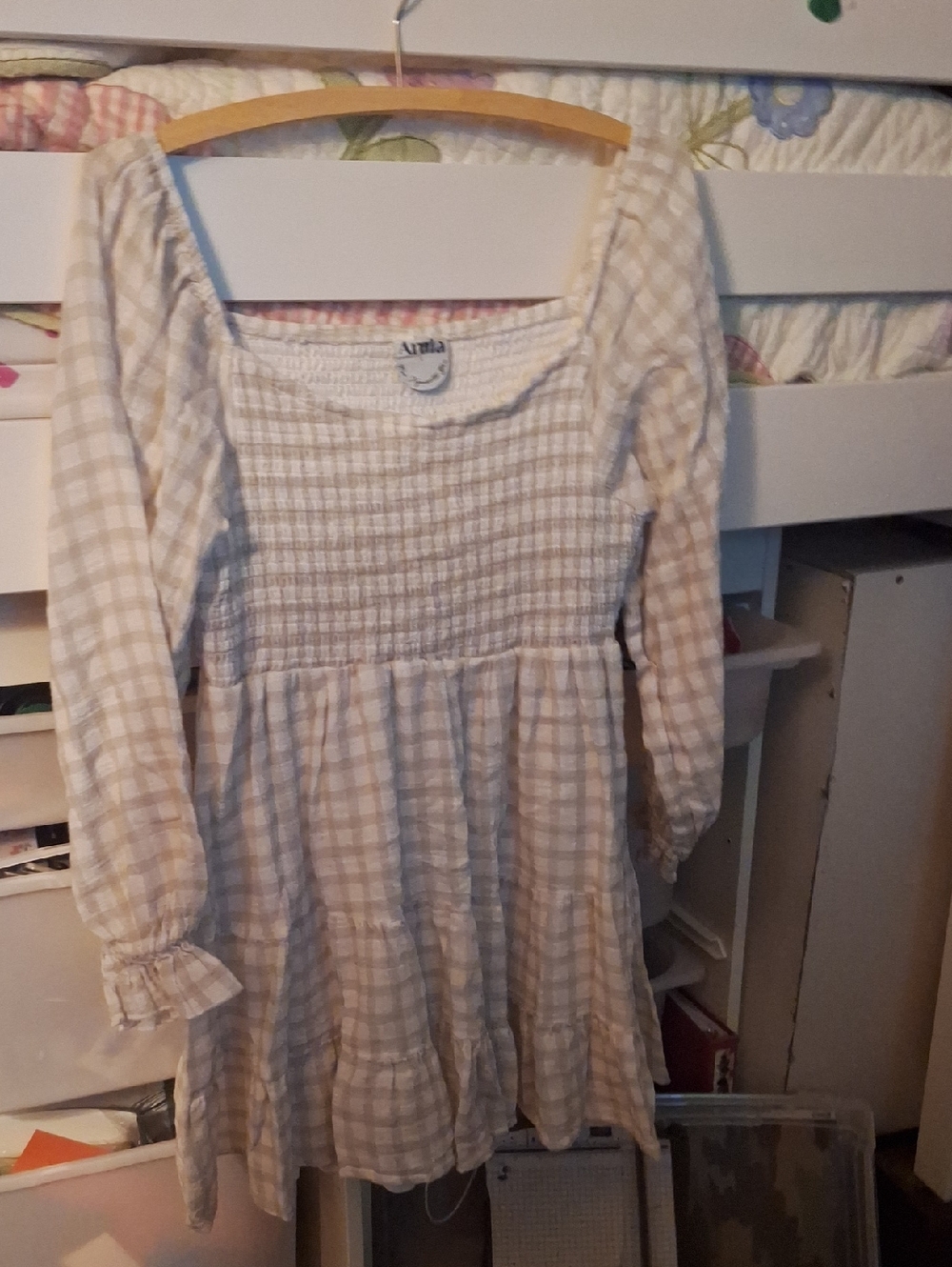 ARULA Cream and White Check Smocked Tiered Kids Dress